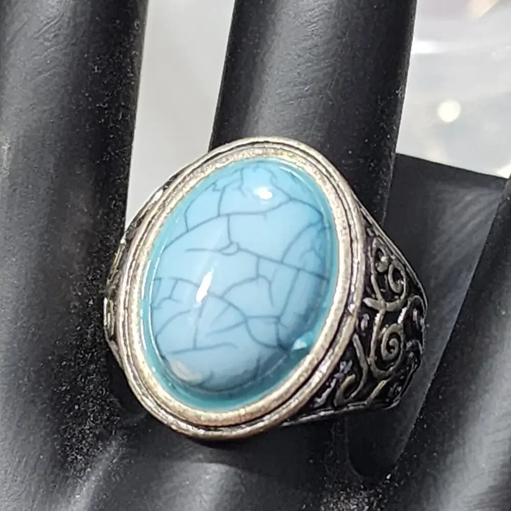 Mens Sz 8 Signet Ring Faux Simulated Turquoise Stainless Steel Ornate Scrollwork